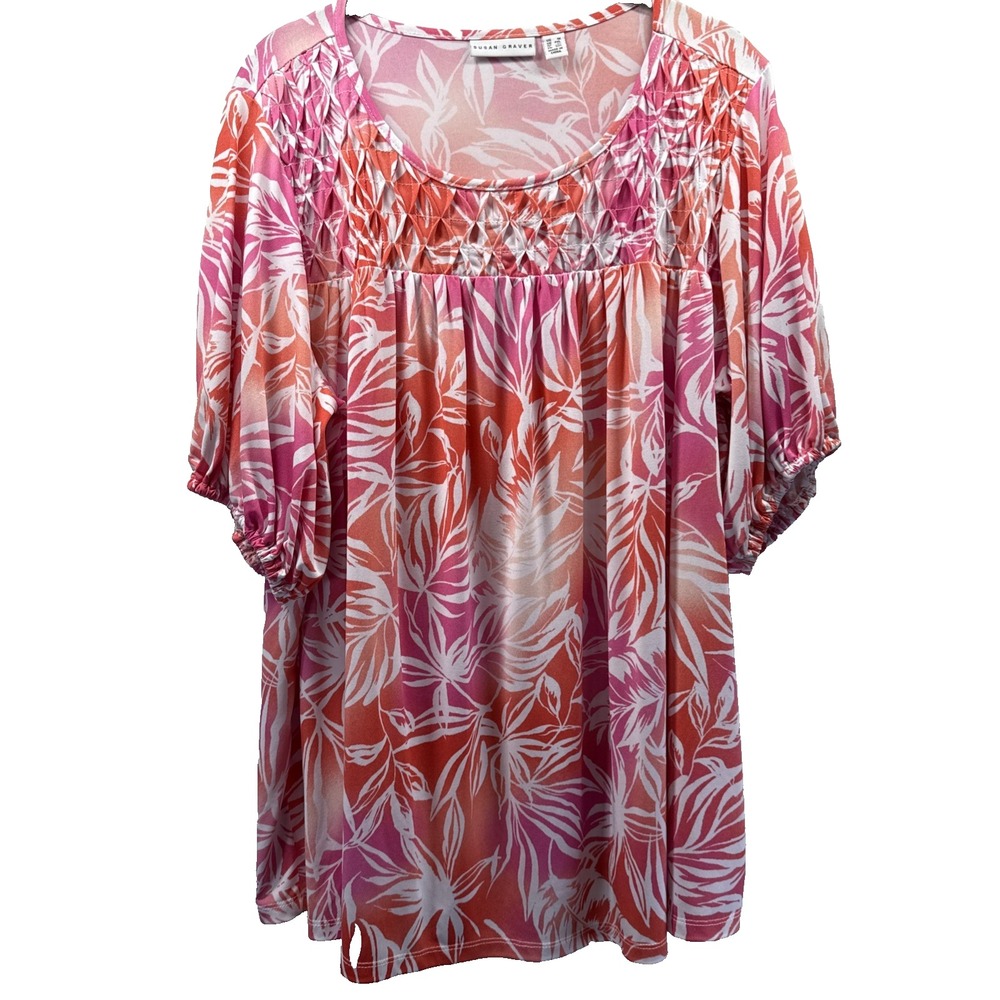Susan Graver Womens Top 1X Pink Orange Floral Short Puff Sleeve Smocked Pullover